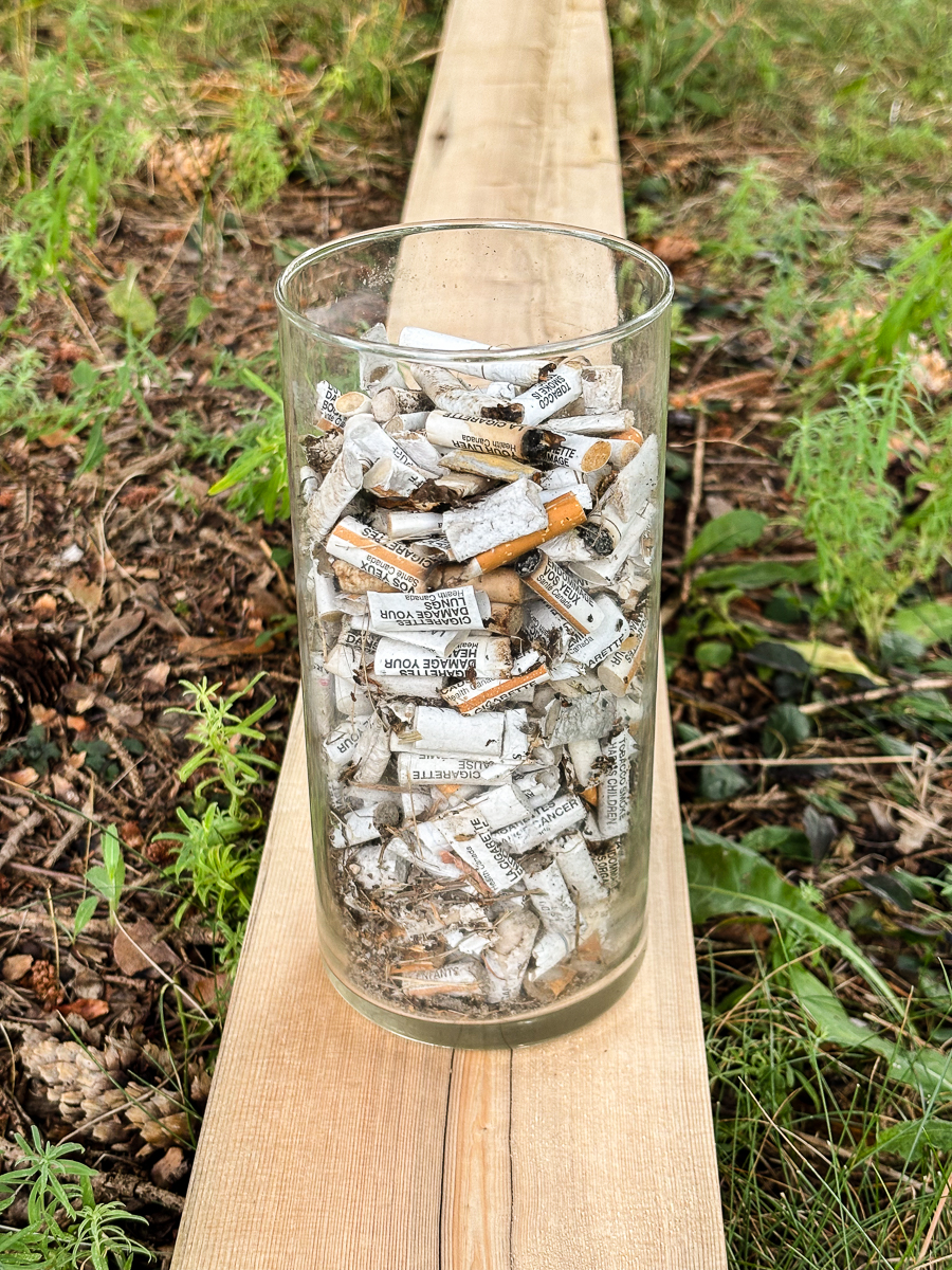 A jar containing 442 Cigarette Butts removed from the Speed River