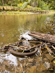 Bike submerged in riverbed with driftwood on top we removed from the Avon River