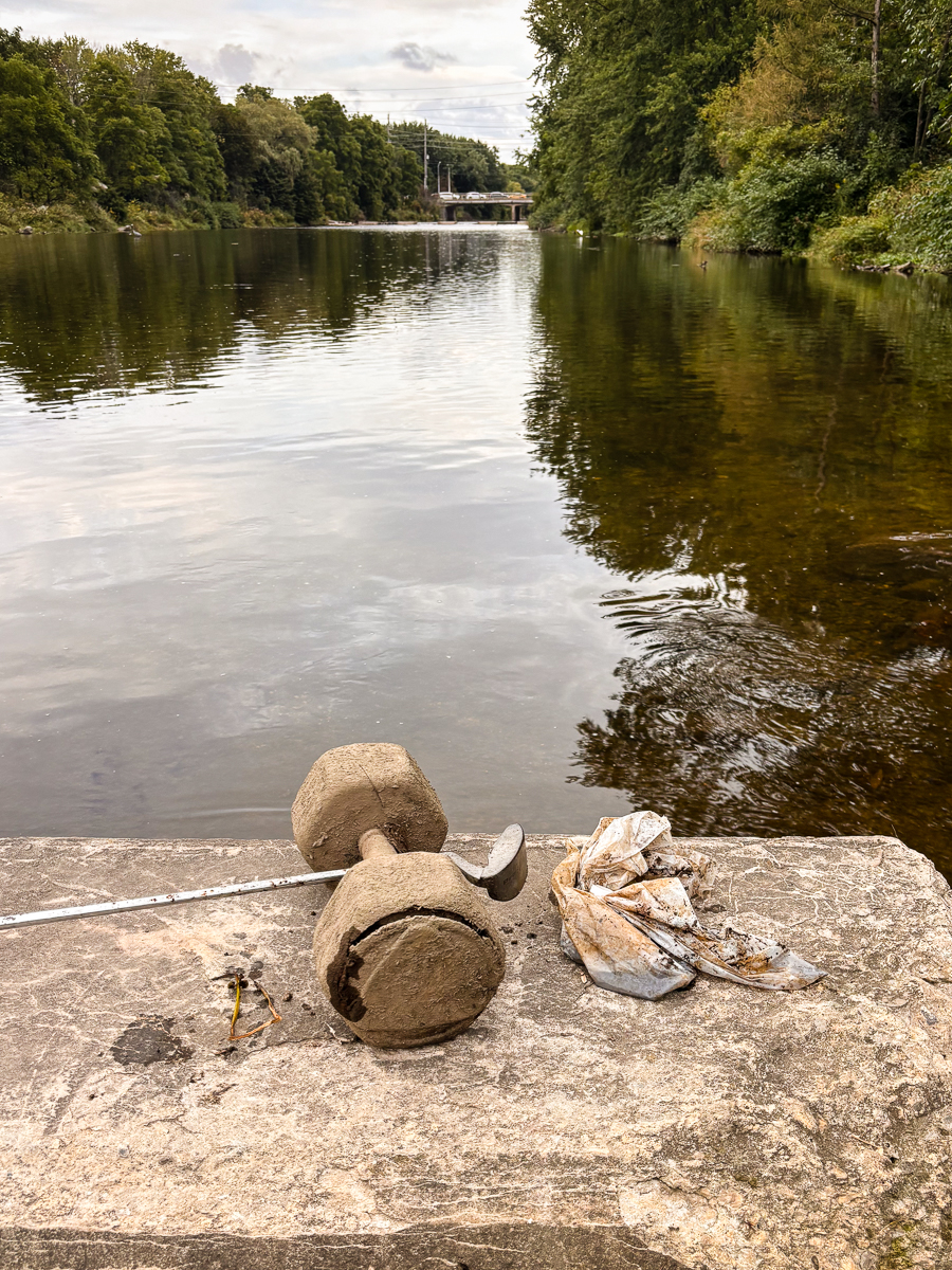 Sporting equipment and plastic debris removed from the Speed River with egret in the shallows upstream